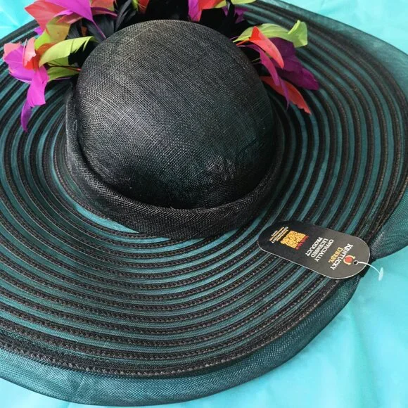 NWT Kentucky Derby Scala Big Brim Multi Colored Feather Sinemay Mesh Hat